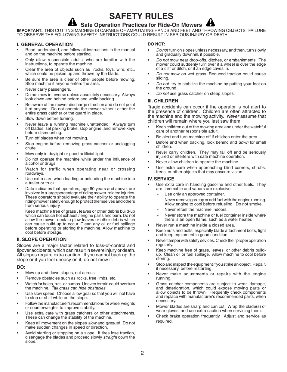 Safety rules, Safe operation practices for ride-on mowers | Poulan 532175732 User Manual | Page 2 / 15