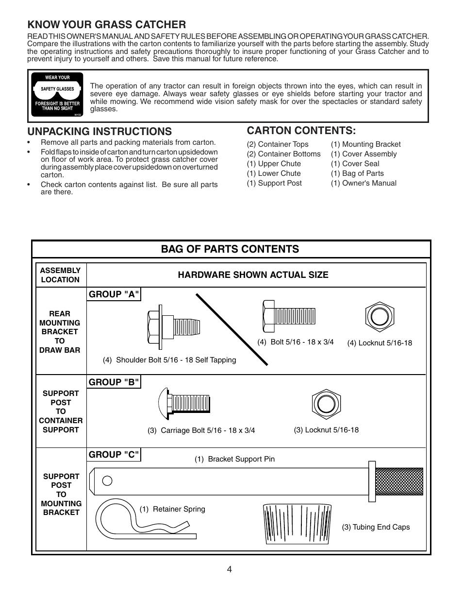 Know your grass catcher, Unpacking instructions, Carton contents | Bag of parts contents | Poulan 532175732 User Manual | Page 4 / 15