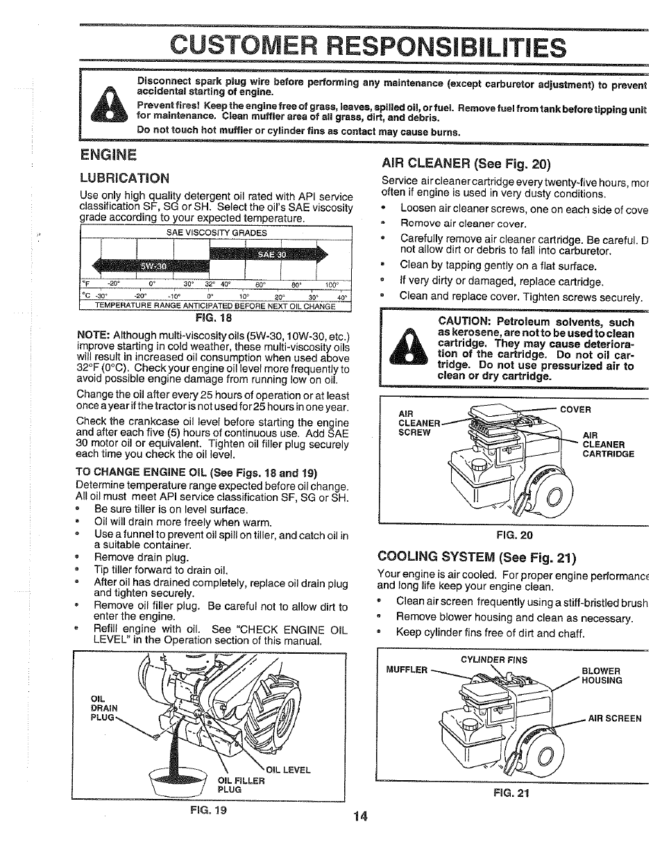 Lubrication, Air cleaner (see fig. 20), Cooling system (see fig. 21) | Customer responsibilities a, Engine | Poulan 164739 User Manual | Page 14 / 28