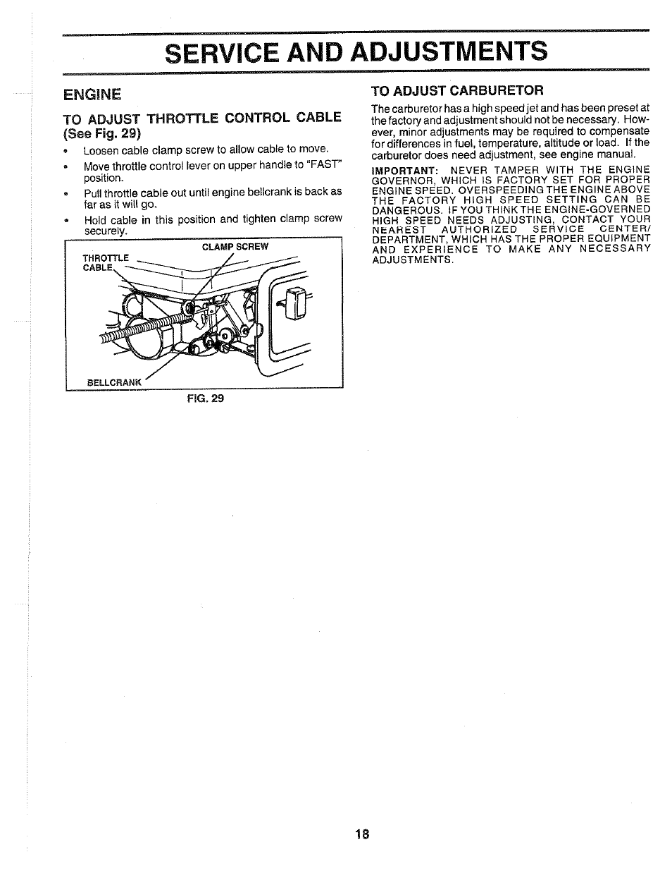 Engine, To adjust throttle control cable, See fig. 29) | To adjust carburetor, Service and adjusiyents | Poulan 164739 User Manual | Page 18 / 28