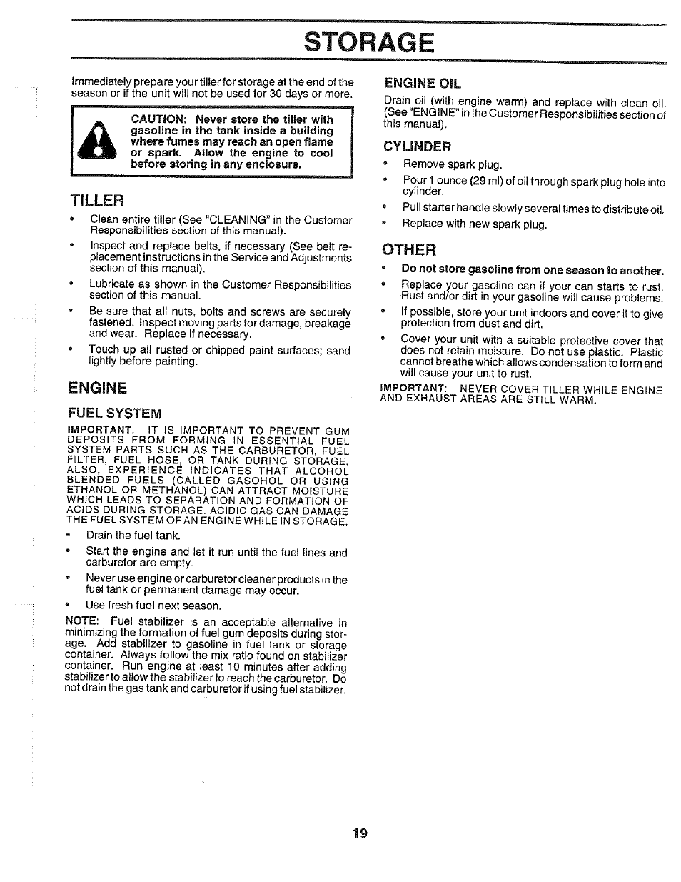 Tiller, Engine, Fuel system | Engine oil, Cylinder, Other, Storage | Poulan 164739 User Manual | Page 19 / 28