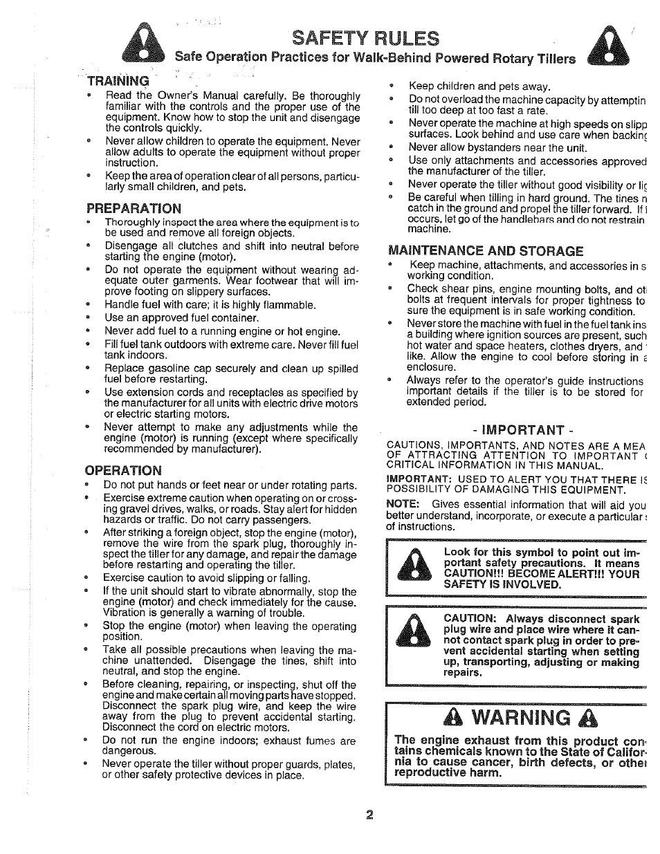 Safety rules, Training, Preparation | Operation, Maintenance and storage, Important, Warning | Poulan 164739 User Manual | Page 2 / 28