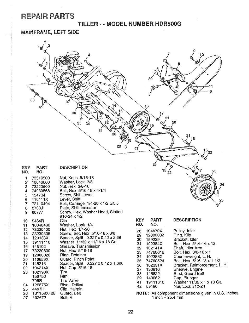 Mainframe, left side, Repair parts, M. no | Tiller - - model number hdr500g | Poulan 164739 User Manual | Page 22 / 28