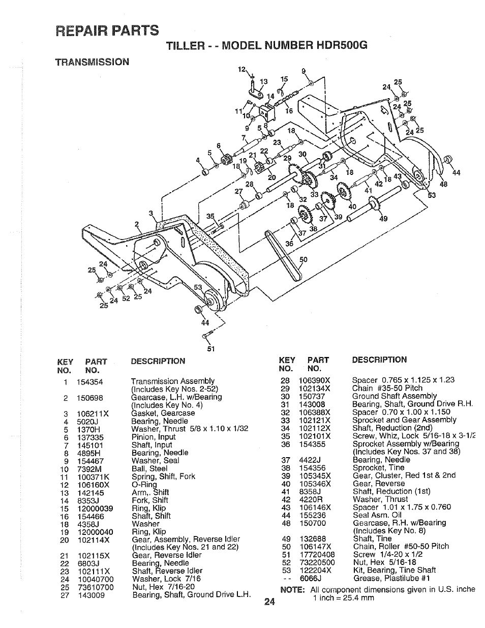 Repair parts, Tiller - - model number hdr500g, Transmission | Poulan 164739 User Manual | Page 24 / 28