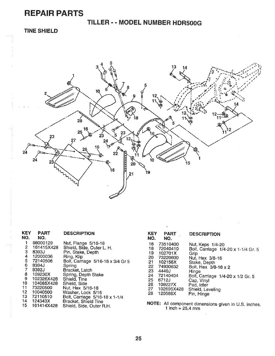 Tine shield, Repair parts, Tiller - - model number hdr500g | Poulan 164739 User Manual | Page 25 / 28