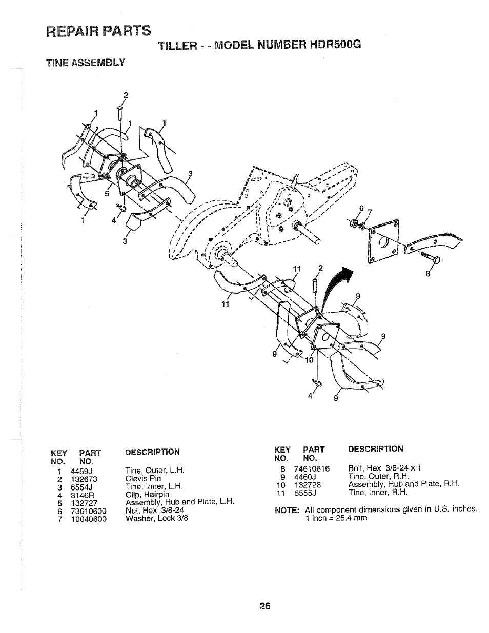 Tine assembly, Repair parts, 1// f/r | F ft, Tiller - - model number hdr500g | Poulan 164739 User Manual | Page 26 / 28