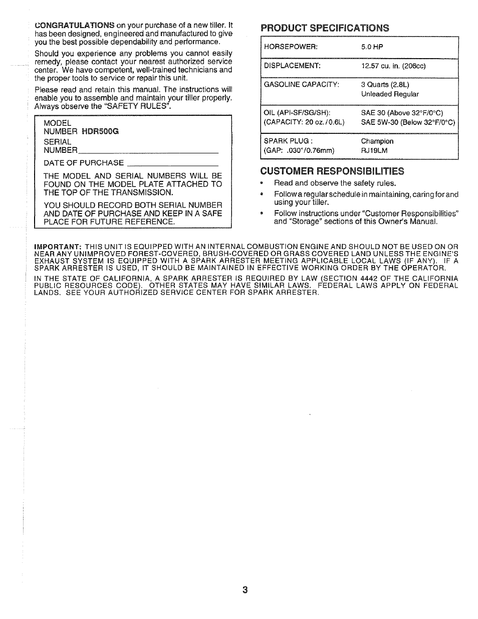 Product specificatioms, Customer responsibilities | Poulan 164739 User Manual | Page 3 / 28