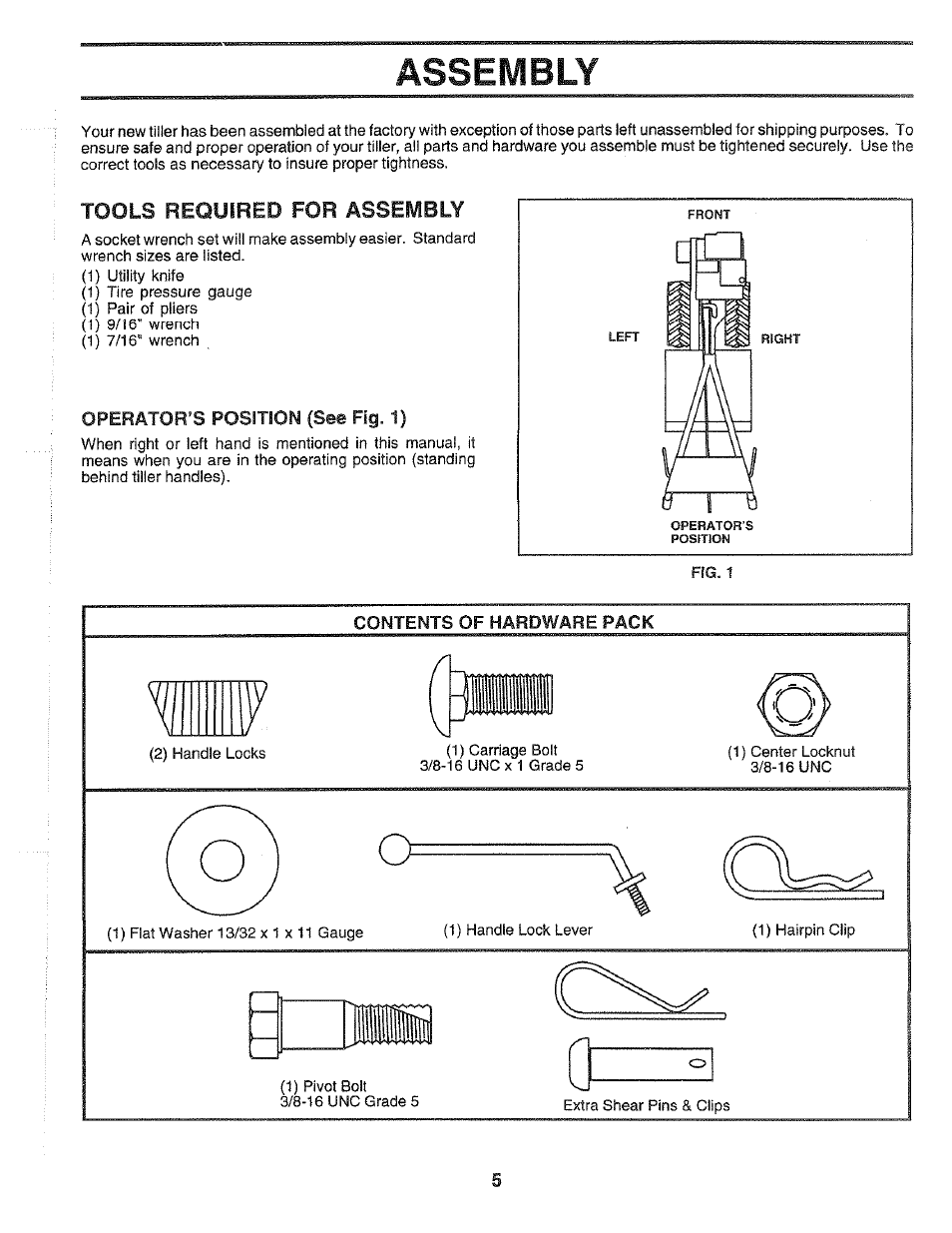 Tools required for assembly, Operator's position (see fig. 1), Assembly | Poulan 164739 User Manual | Page 5 / 28