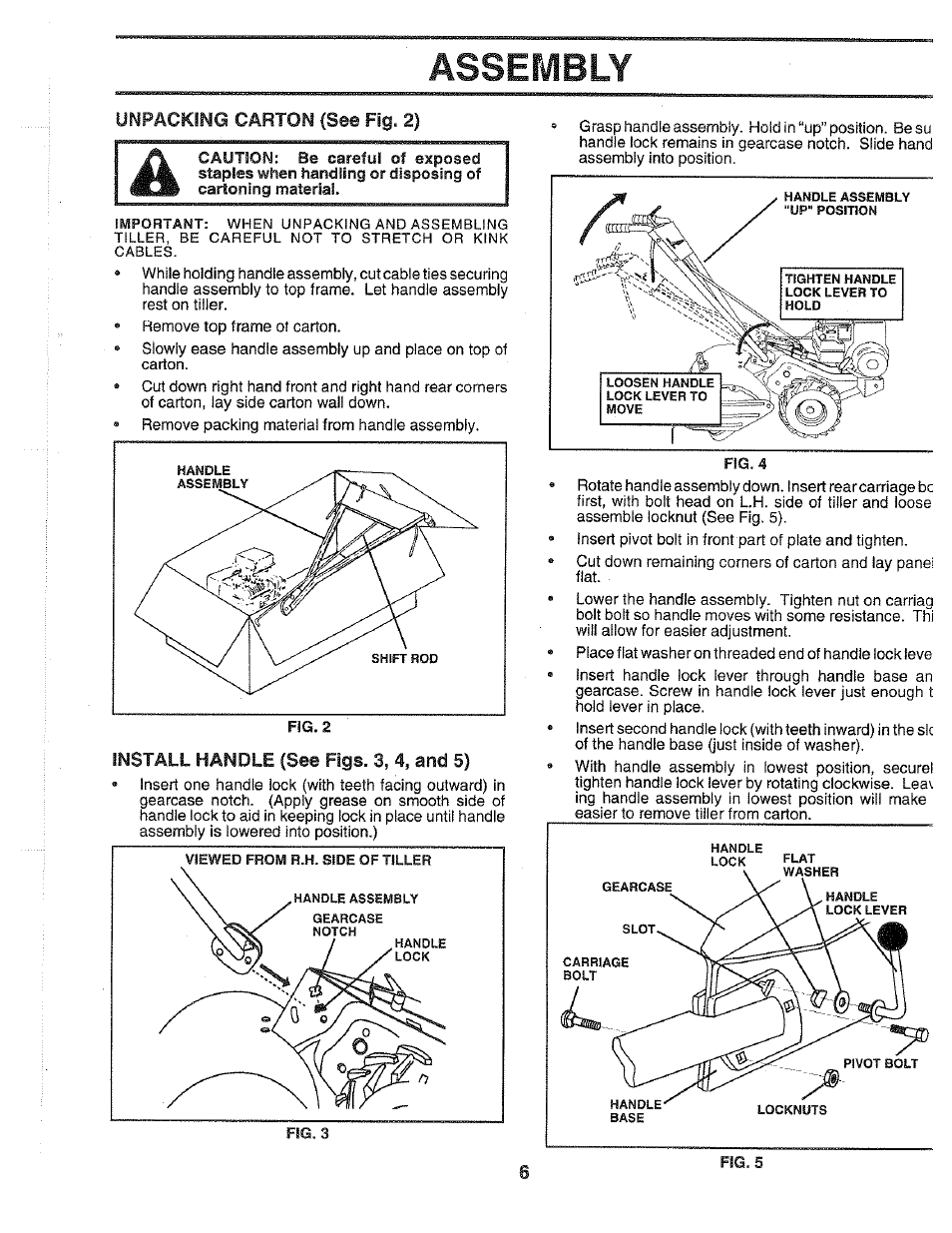 Unpacking carton (see fig. 2), Install handle (see figs. 3, 4, and 5), Assembly | Poulan 164739 User Manual | Page 6 / 28