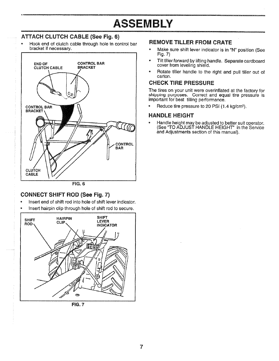 Remove tiller from crate, Check tire pressure, Handle height | Assembly | Poulan 164739 User Manual | Page 7 / 28