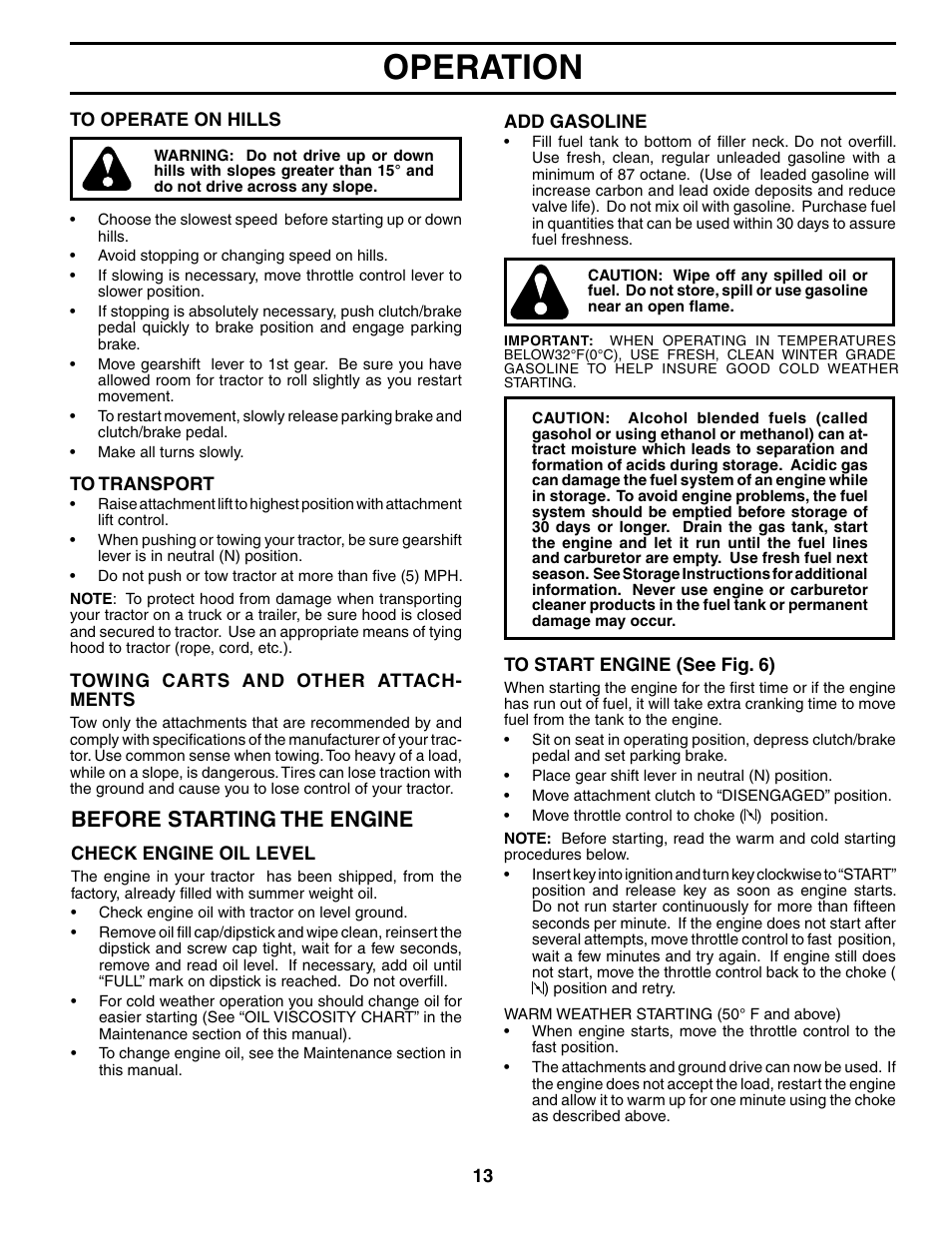 Operation, Before starting the engine | Poulan 194990 User Manual | Page 13 / 30
