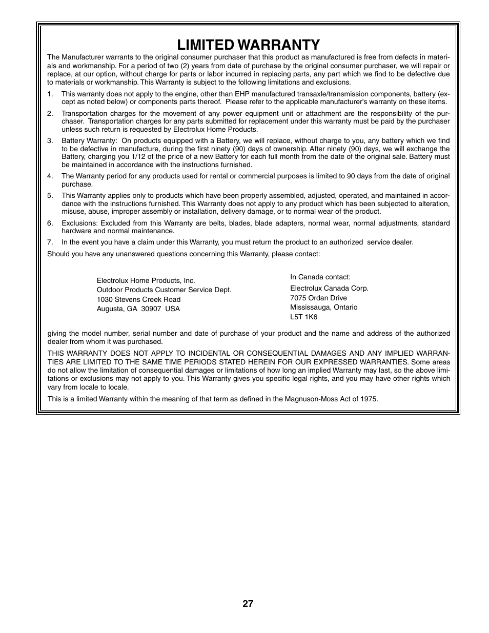 Limited warranty | Poulan 194990 User Manual | Page 27 / 30