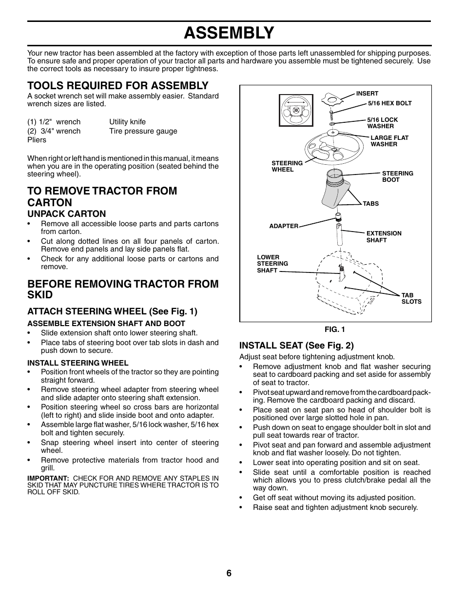 Assembly, Tools required for assembly, Before removing tractor from skid | Poulan 194990 User Manual | Page 6 / 30