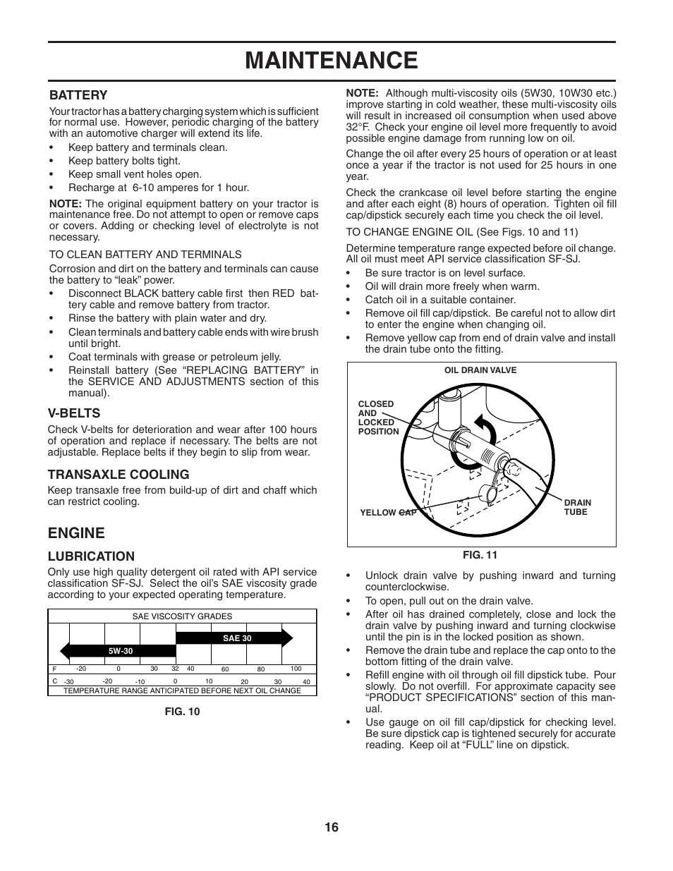 Maintenance, Engine, Lubrication | V-belts, Transaxle cooling, Battery | Poulan 187570 User Manual | Page 16 / 44