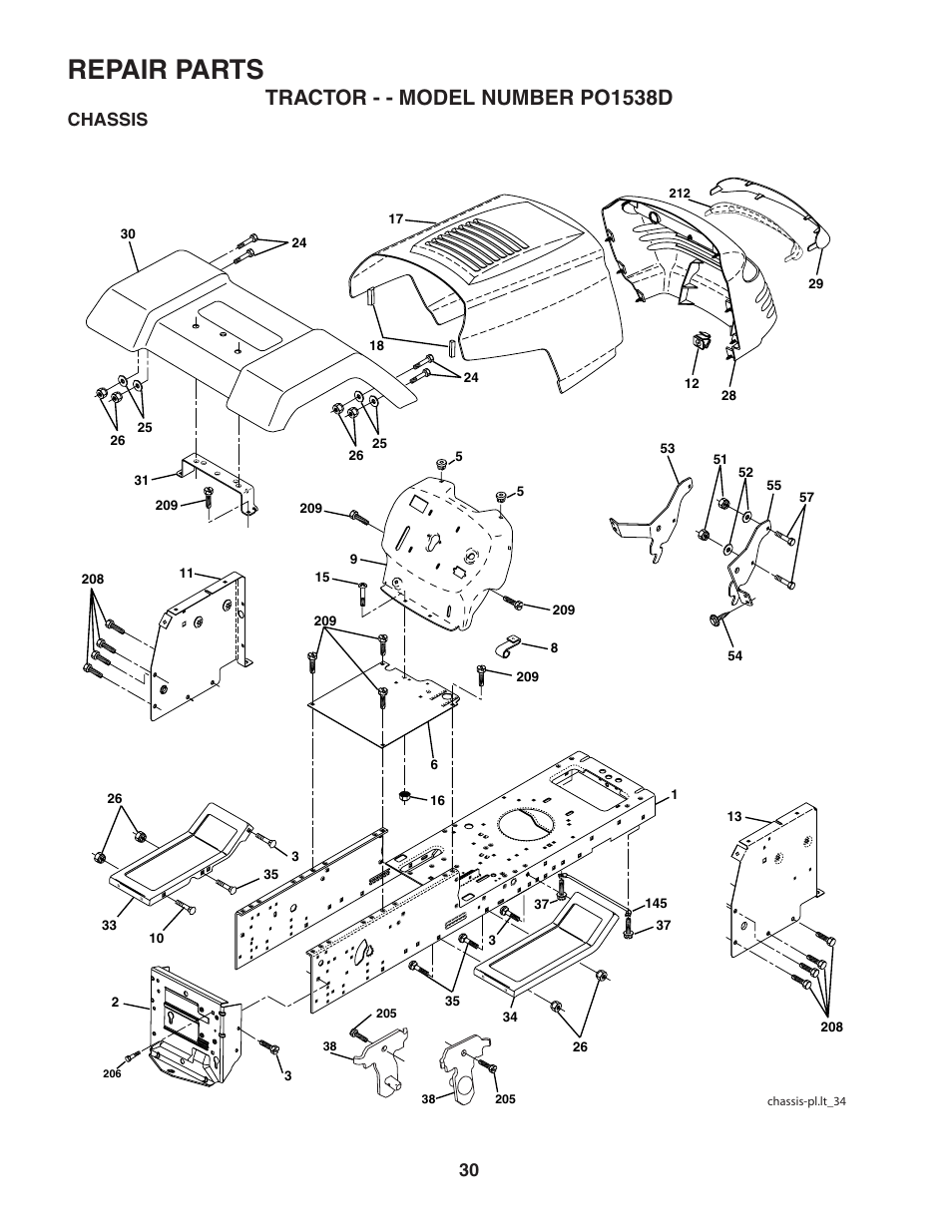 Repair parts, Tractor - - model number po1538d, Chassis | Poulan 187570 User Manual | Page 30 / 44