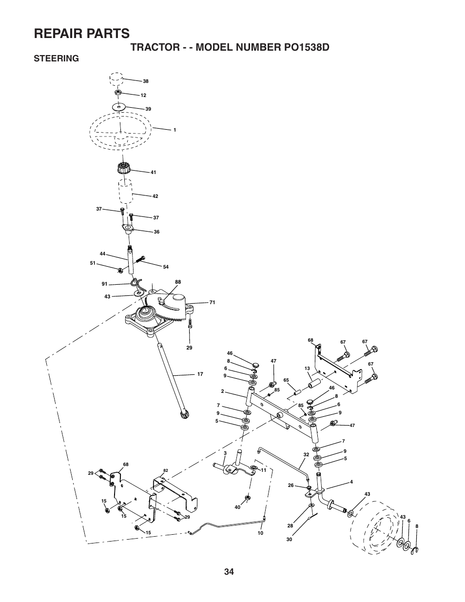 Repair parts, Tractor - - model number po1538d, Steering | Poulan 187570 User Manual | Page 34 / 44
