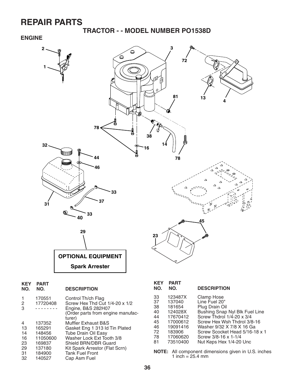 Repair parts, Tractor - - model number po1538d | Poulan 187570 User Manual | Page 36 / 44
