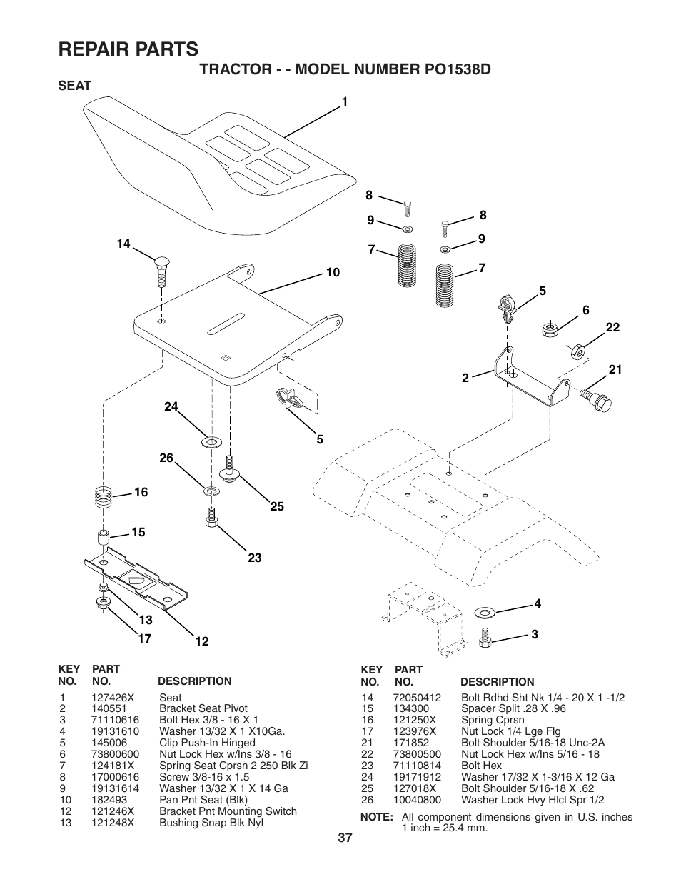 Repair parts, Tractor - - model number po1538d | Poulan 187570 User Manual | Page 37 / 44