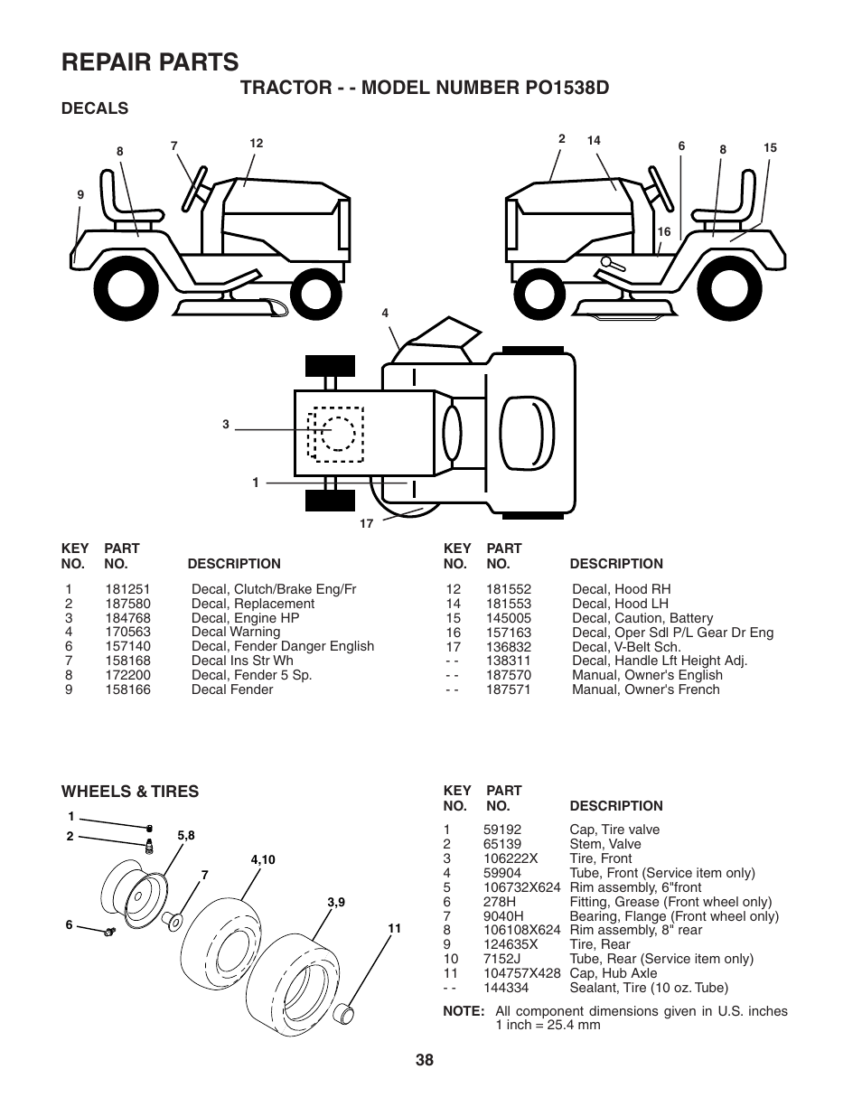 Repair parts, Tractor - - model number po1538d | Poulan 187570 User Manual | Page 38 / 44