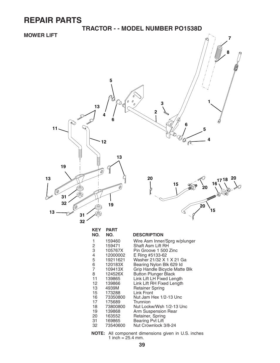 Repair parts, Tractor - - model number po1538d | Poulan 187570 User Manual | Page 39 / 44