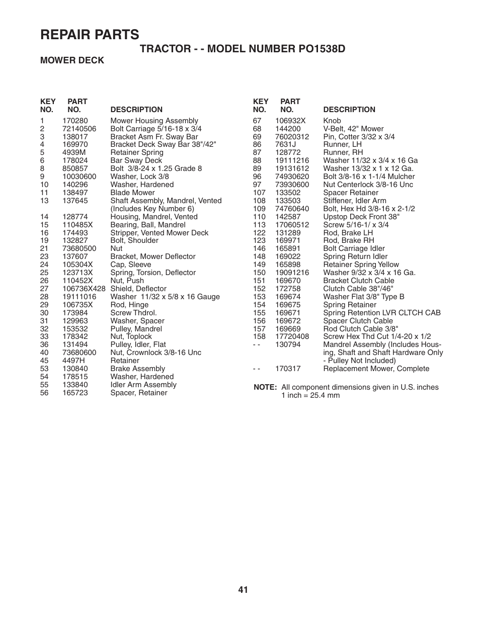 Repair parts, Tractor - - model number po1538d | Poulan 187570 User Manual | Page 41 / 44