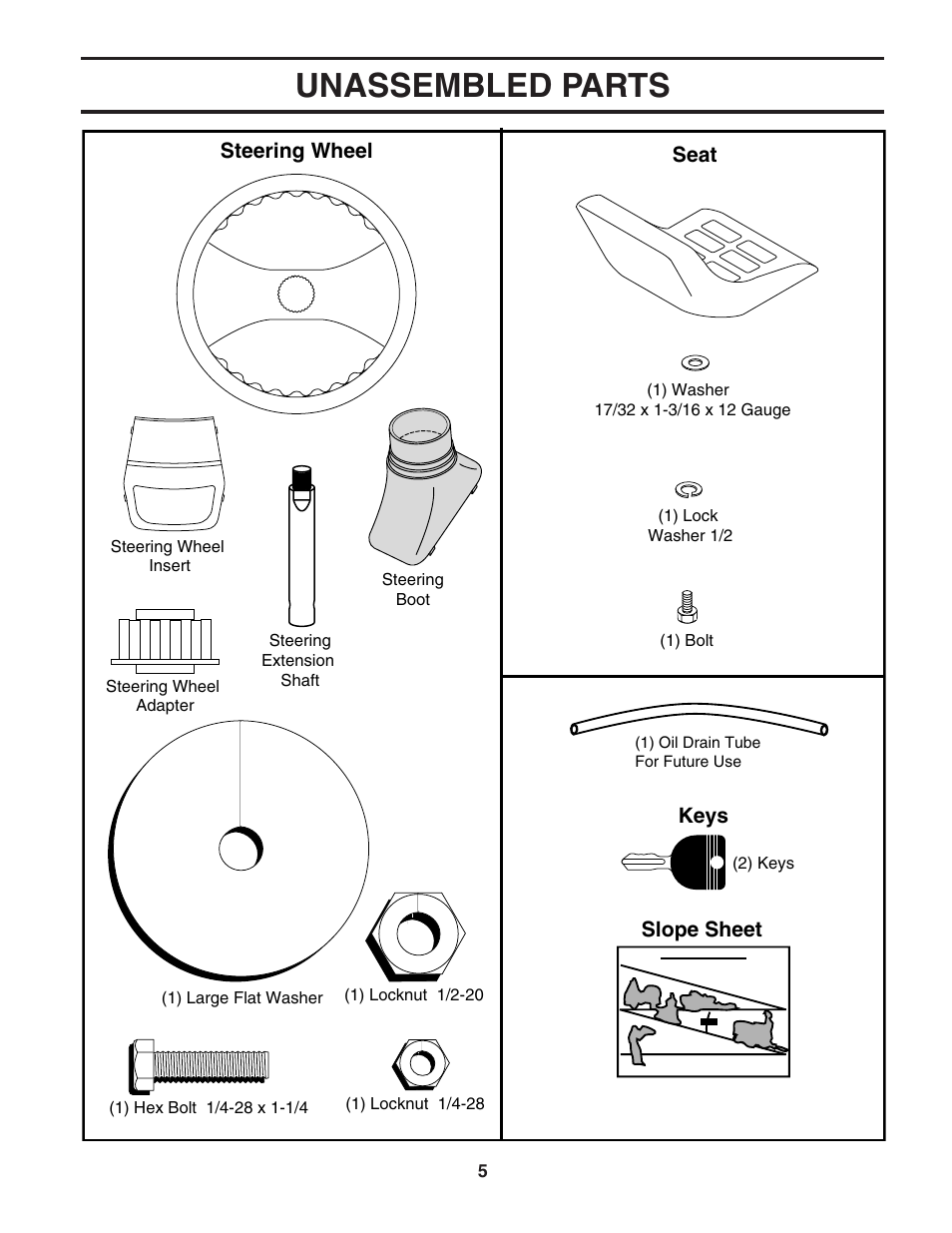 Unassembled parts, Steering wheel, Seat | Slope sheet keys | Poulan 187570 User Manual | Page 5 / 44