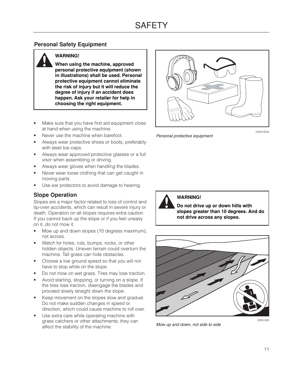 Personal safety equipment, Slope operation, Safety | Poulan Pro 461ZX_966681801 LAWN TRACTOR User Manual | Page 11 / 60