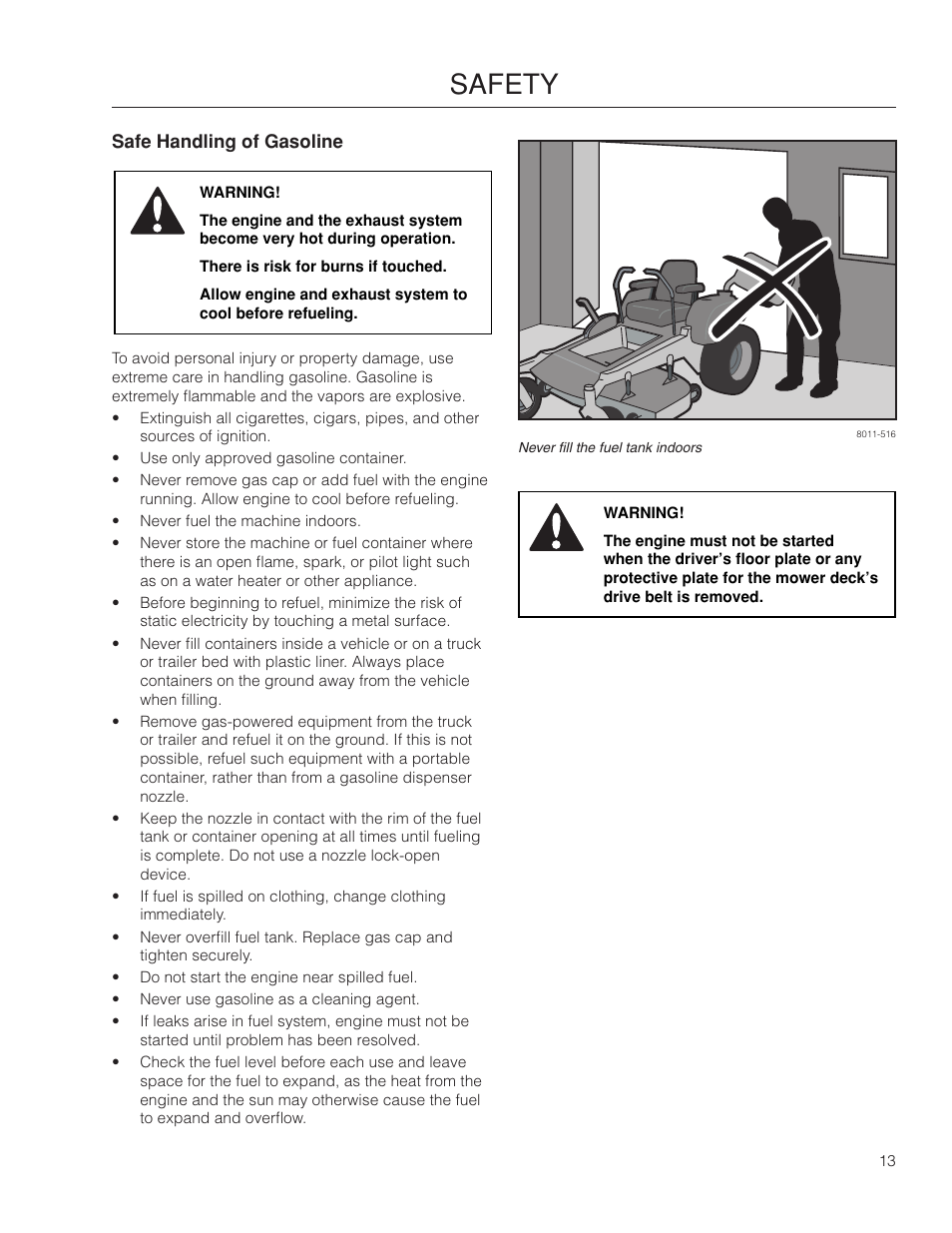 Safe handling of gasoline, Safety | Poulan Pro 461ZX_966681801 LAWN TRACTOR User Manual | Page 13 / 60