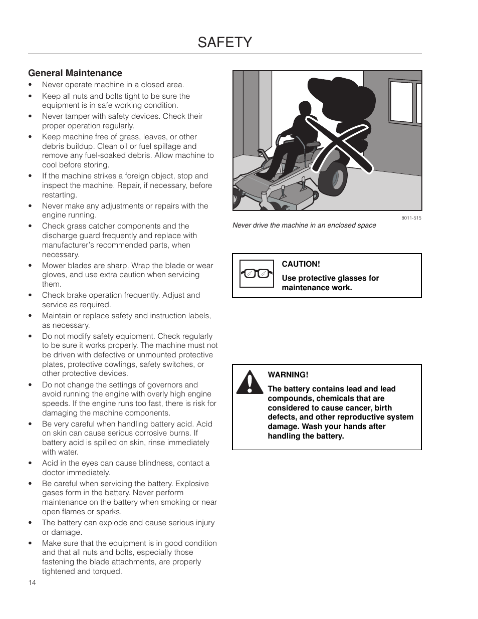 General maintenance, Safety | Poulan Pro 461ZX_966681801 LAWN TRACTOR User Manual | Page 14 / 60