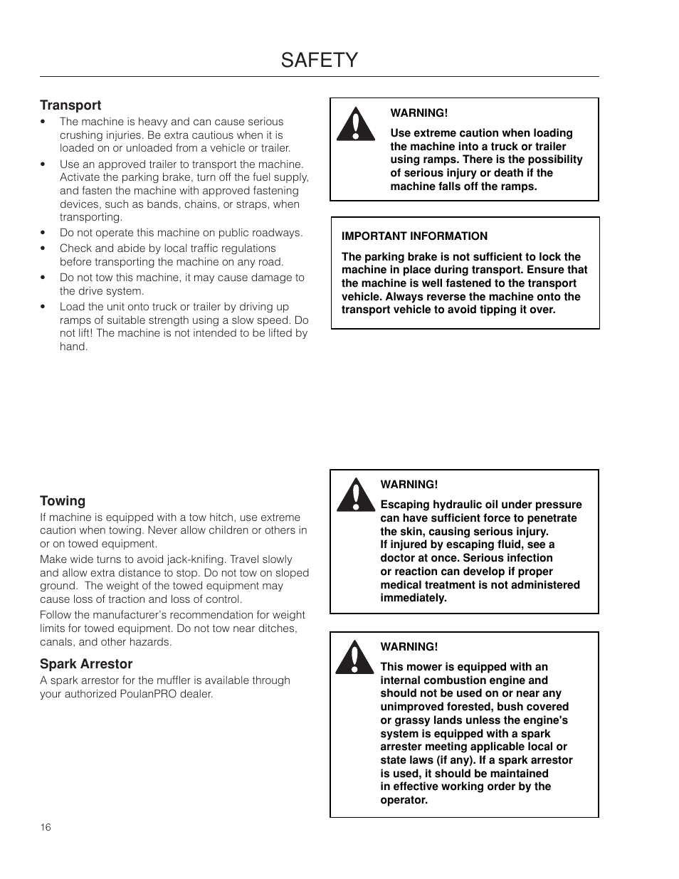 Transport, Towing, Spark arrestor | Safety | Poulan Pro 461ZX_966681801 LAWN TRACTOR User Manual | Page 16 / 60