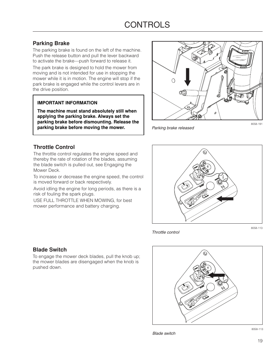 Parking brake, Throttle control, Blade switch | Controls | Poulan Pro 461ZX_966681801 LAWN TRACTOR User Manual | Page 19 / 60