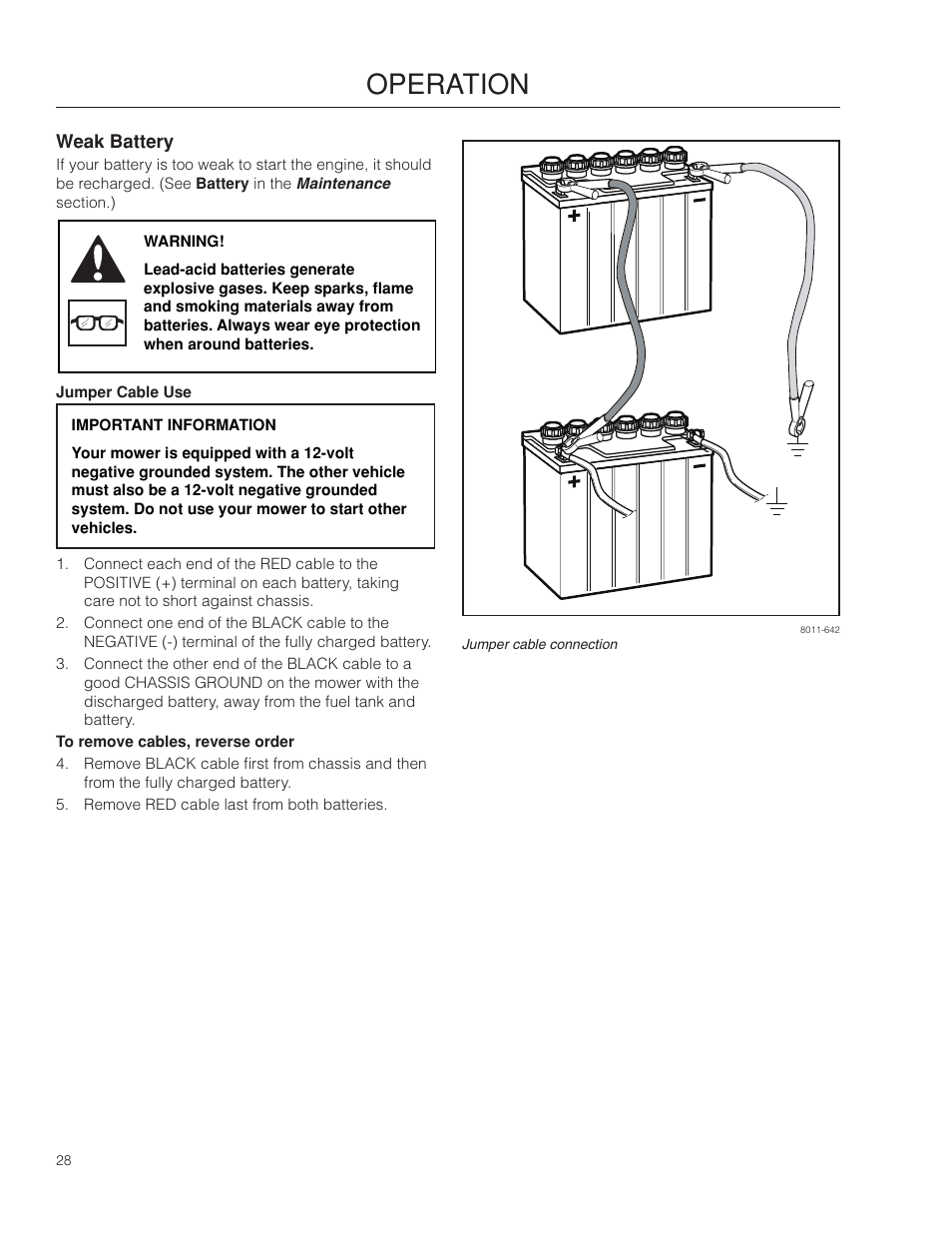 Weak battery, Operation | Poulan Pro 461ZX_966681801 LAWN TRACTOR User Manual | Page 28 / 60