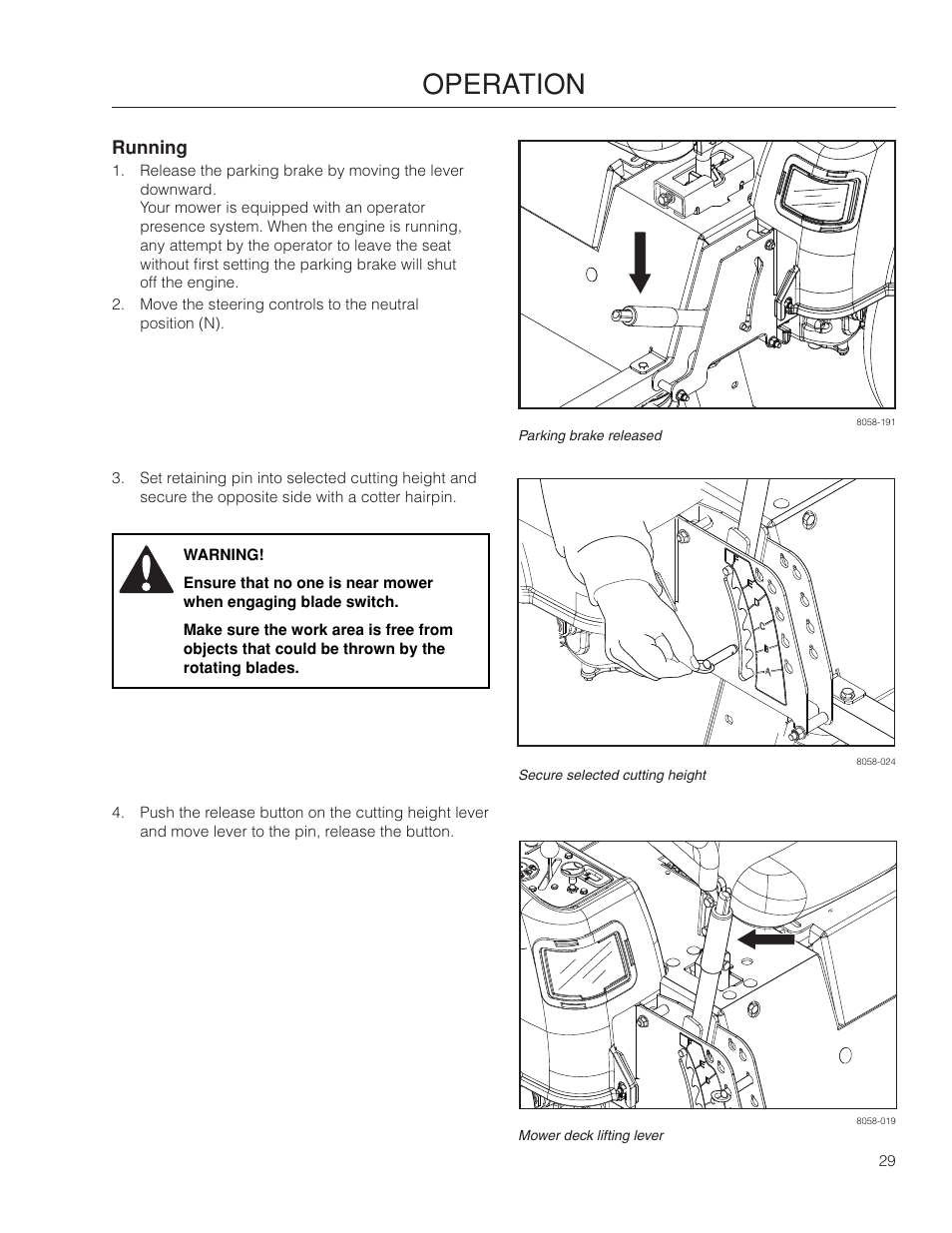 Running, Operation | Poulan Pro 461ZX_966681801 LAWN TRACTOR User Manual | Page 29 / 60