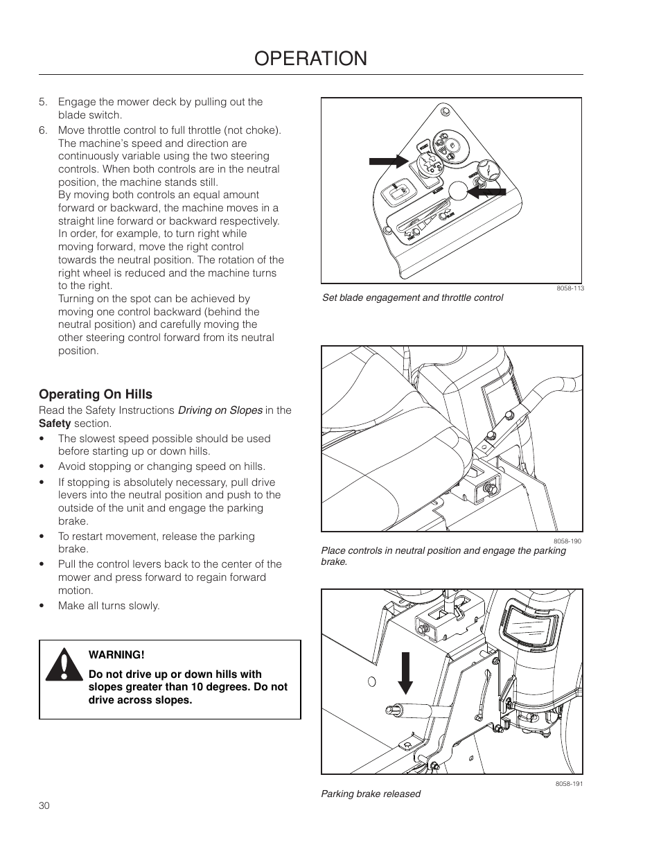 Operating on hills, Operation | Poulan Pro 461ZX_966681801 LAWN TRACTOR User Manual | Page 30 / 60