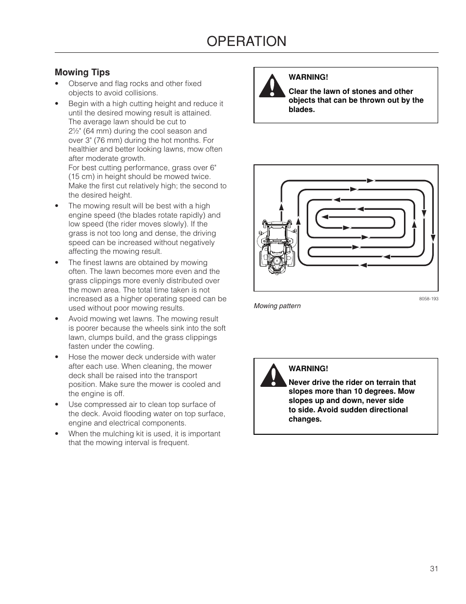 Mowing tips, Operation | Poulan Pro 461ZX_966681801 LAWN TRACTOR User Manual | Page 31 / 60