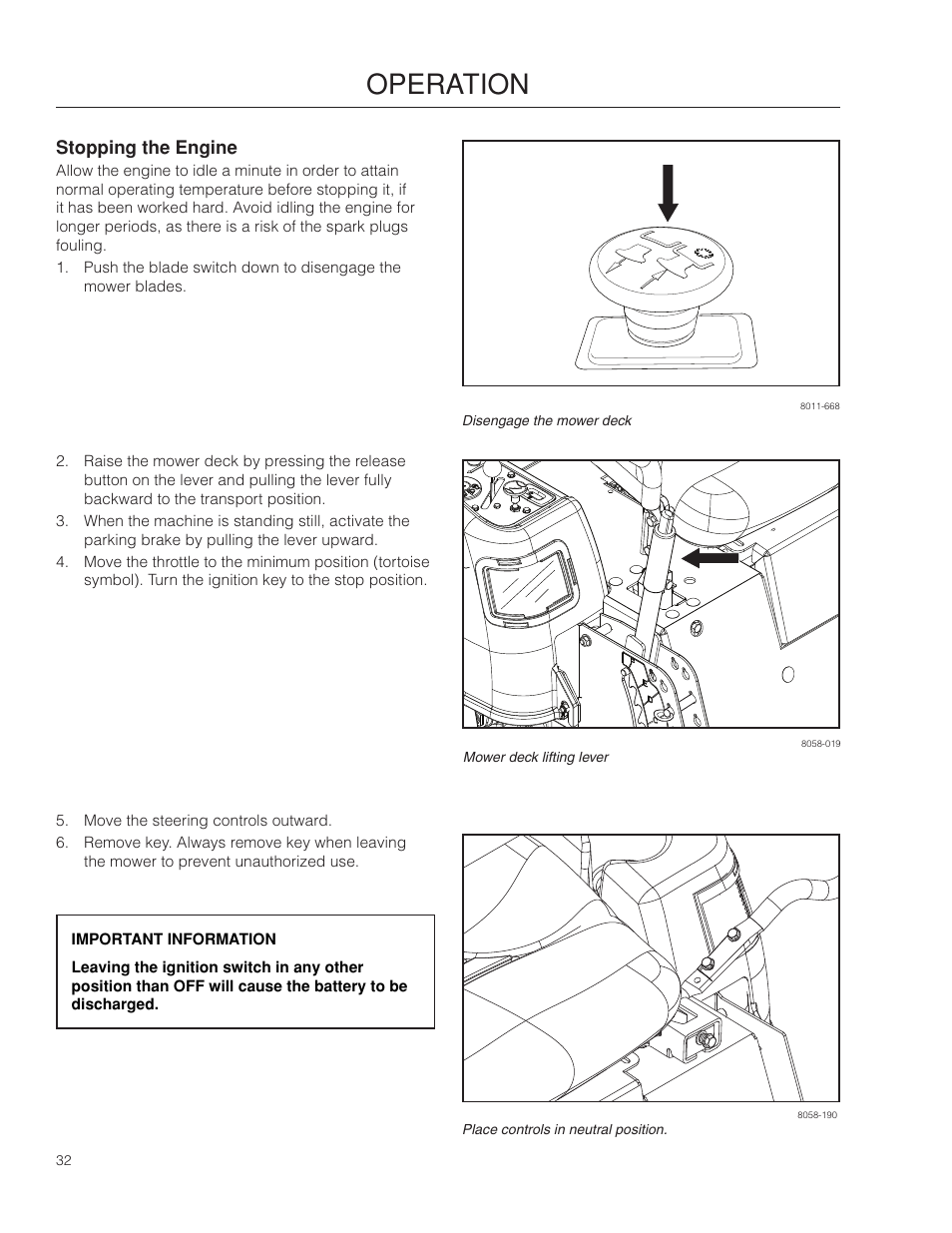 Stopping the engine, Operation | Poulan Pro 461ZX_966681801 LAWN TRACTOR User Manual | Page 32 / 60