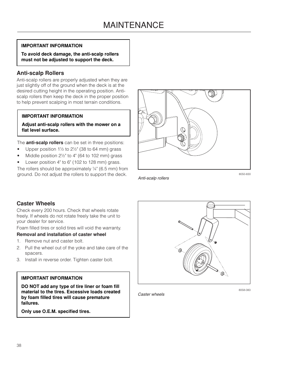 Anti-scalp rollers, Caster wheels, Maintenance | Poulan Pro 461ZX_966681801 LAWN TRACTOR User Manual | Page 38 / 60