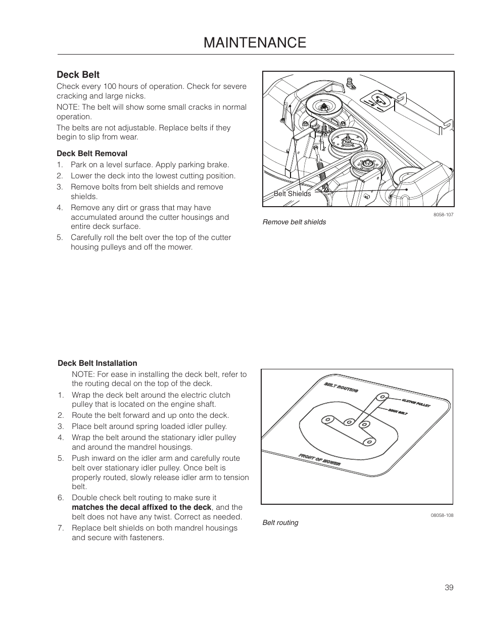 Deck belt, Maintenance | Poulan Pro 461ZX_966681801 LAWN TRACTOR User Manual | Page 39 / 60