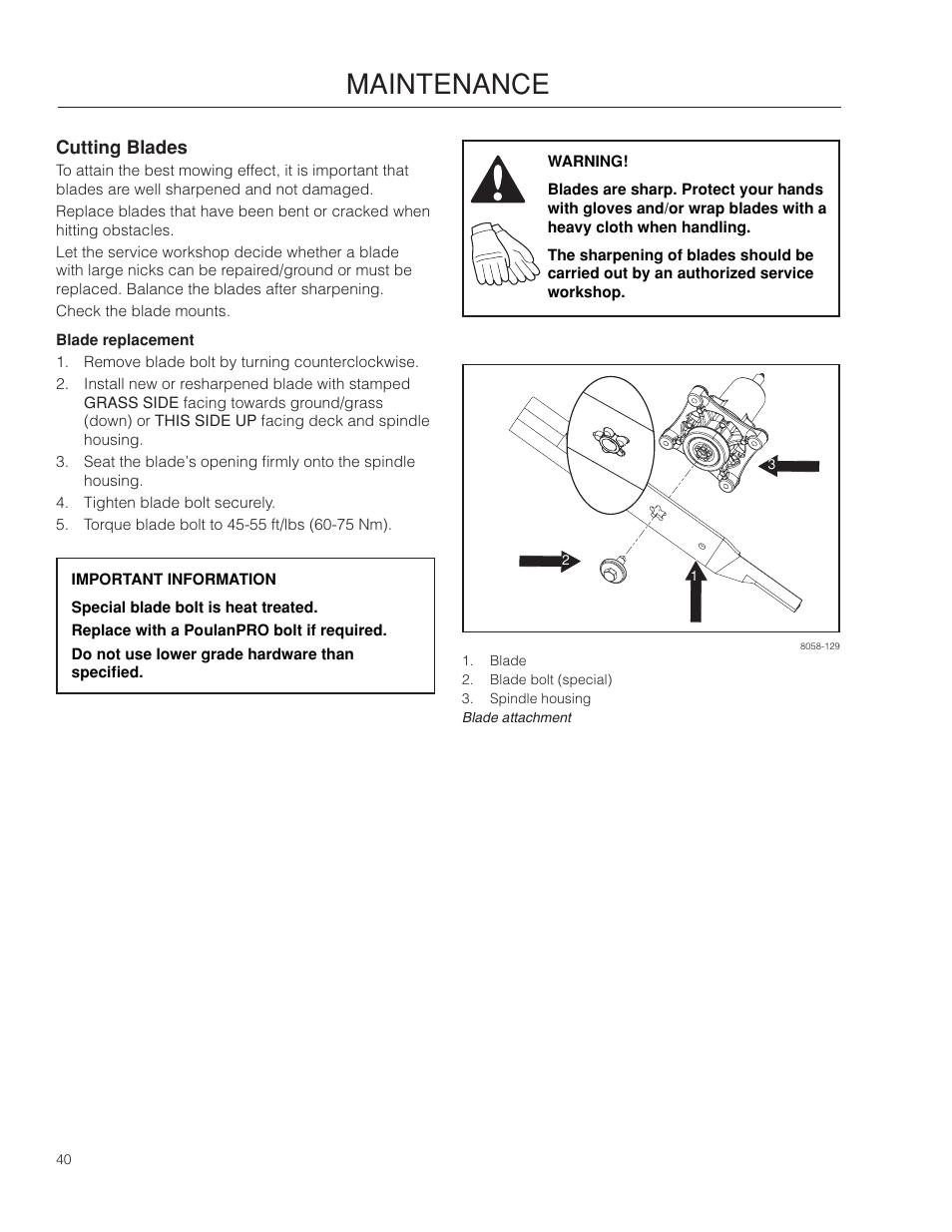 Cutting blades, Blade replacement, Maintenance | Poulan Pro 461ZX_966681801 LAWN TRACTOR User Manual | Page 40 / 60