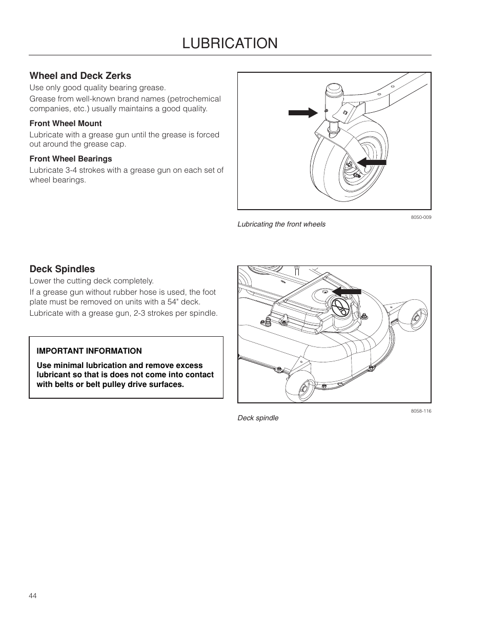 Wheel and deck zerks, Front wheel mount, Front wheel bearings | Deck spindles, Lubrication | Poulan Pro 461ZX_966681801 LAWN TRACTOR User Manual | Page 44 / 60