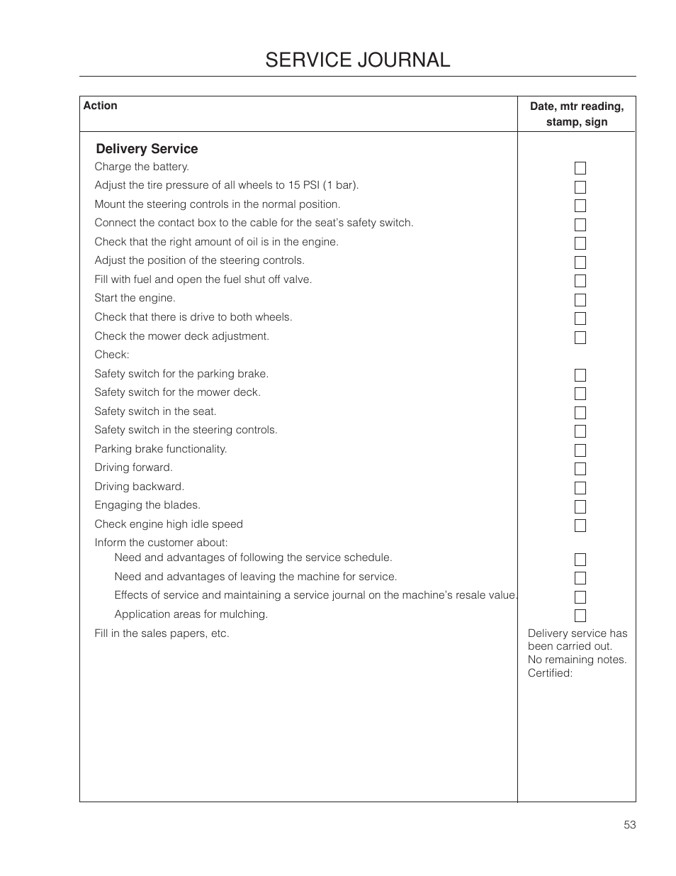 Service journal | Poulan Pro 461ZX_966681801 LAWN TRACTOR User Manual | Page 53 / 60