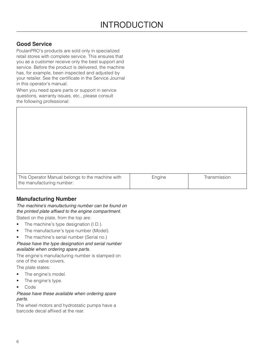 Good service, Manufacturing number, Introduction | Poulan Pro 461ZX_966681801 LAWN TRACTOR User Manual | Page 6 / 60