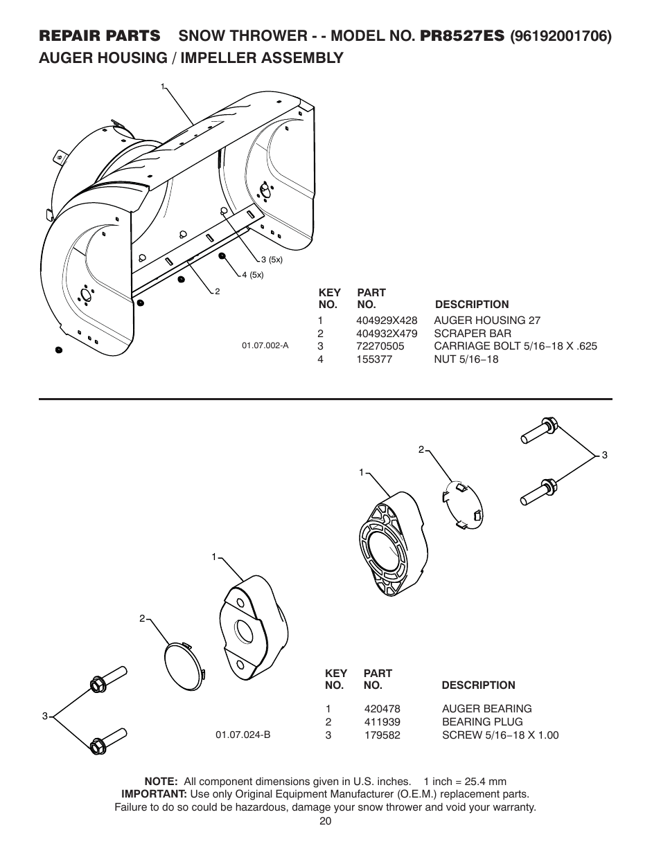 Repair parts, Auger housing / impeller assembly | Poulan 96192001706 User Manual | Page 20 / 40