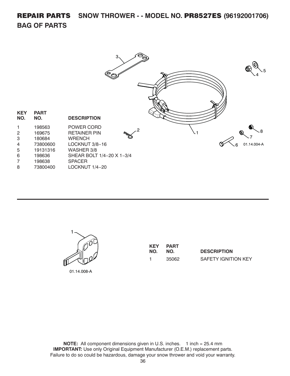 Bag of parts | Poulan 96192001706 User Manual | Page 36 / 40