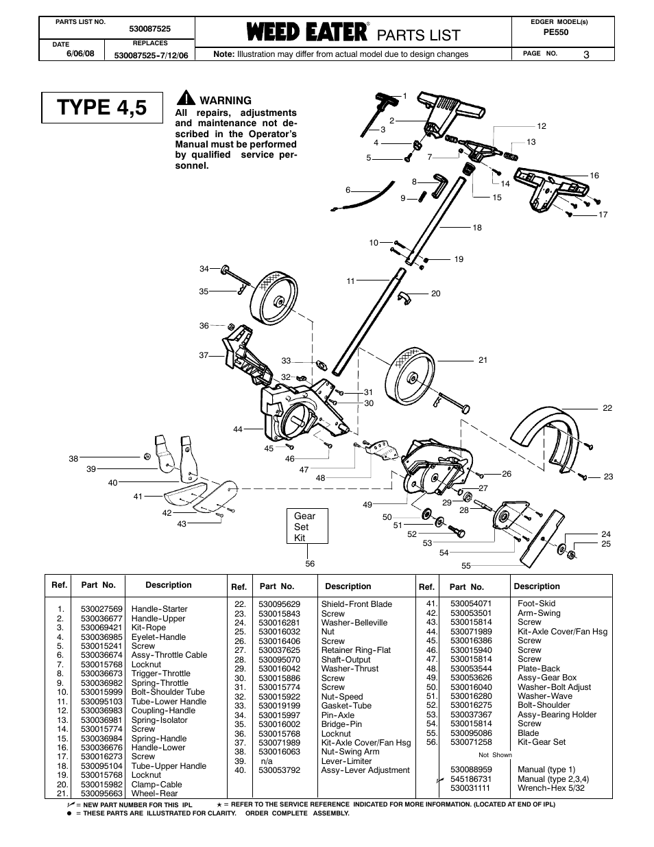 Type 4,5, Paramount parts list, Weed eater parts list | Poulan parts list, Parts list | Poulan 530087525 User Manual | Page 3 / 10