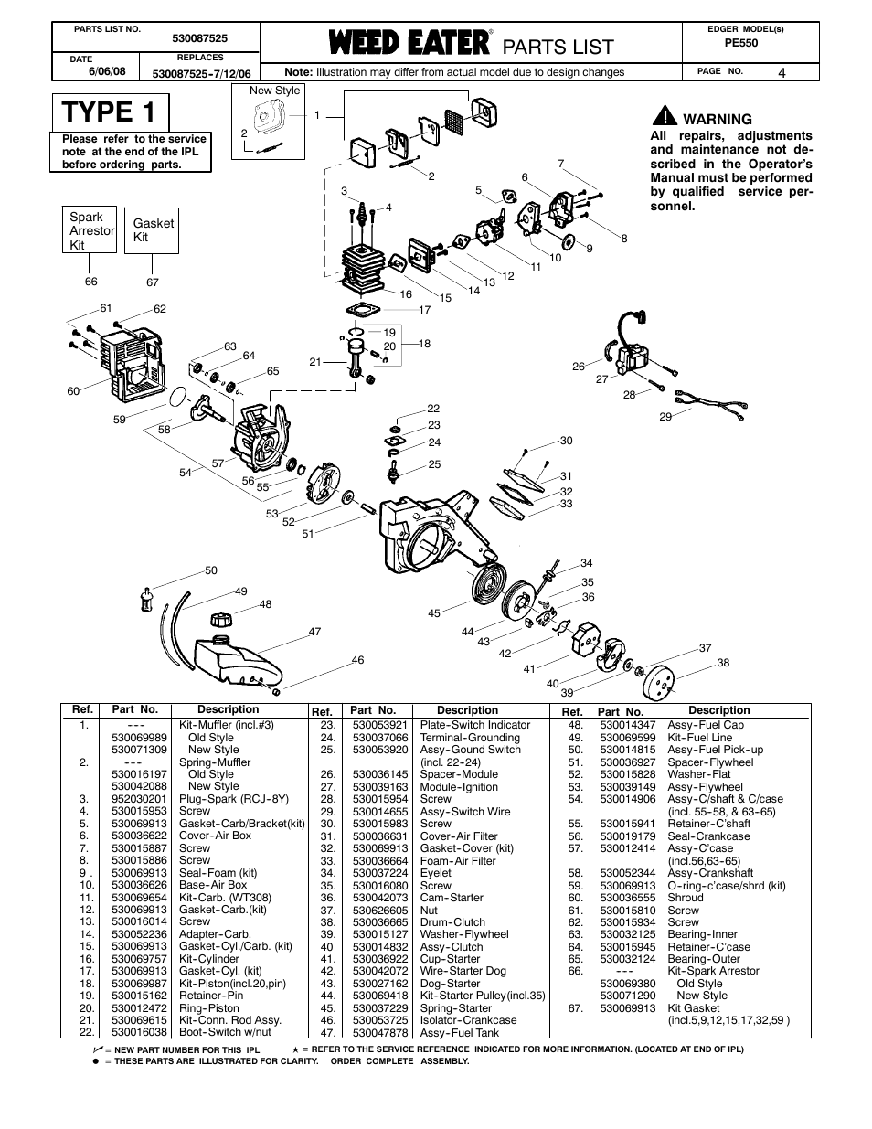 Type 1, Paramount parts list, Weed eater parts list | Poulan parts list, Parts list | Poulan 530087525 User Manual | Page 4 / 10