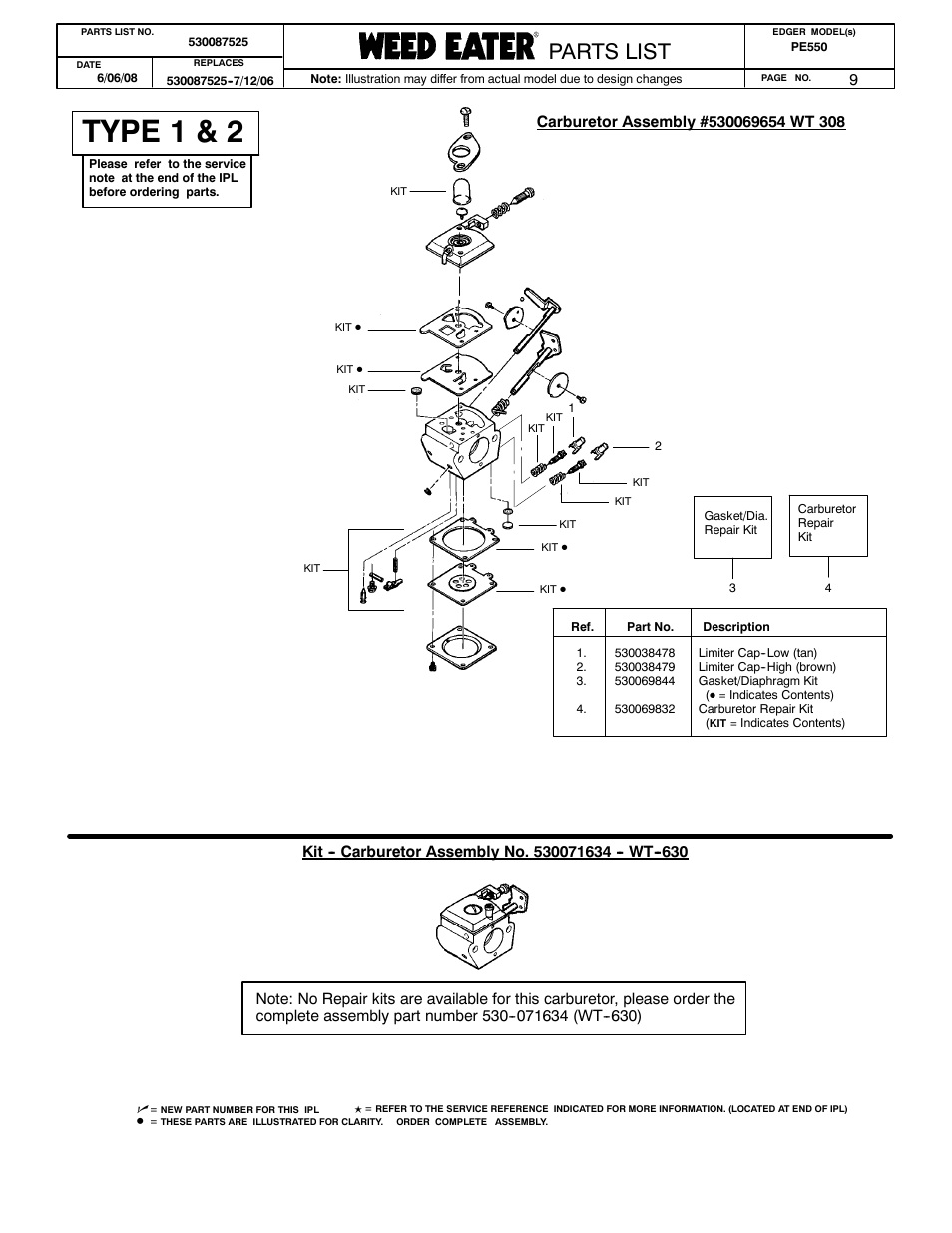 Type 1 & 2, Paramount parts list, Weed eater parts list | Poulan parts list, Parts list | Poulan 530087525 User Manual | Page 9 / 10