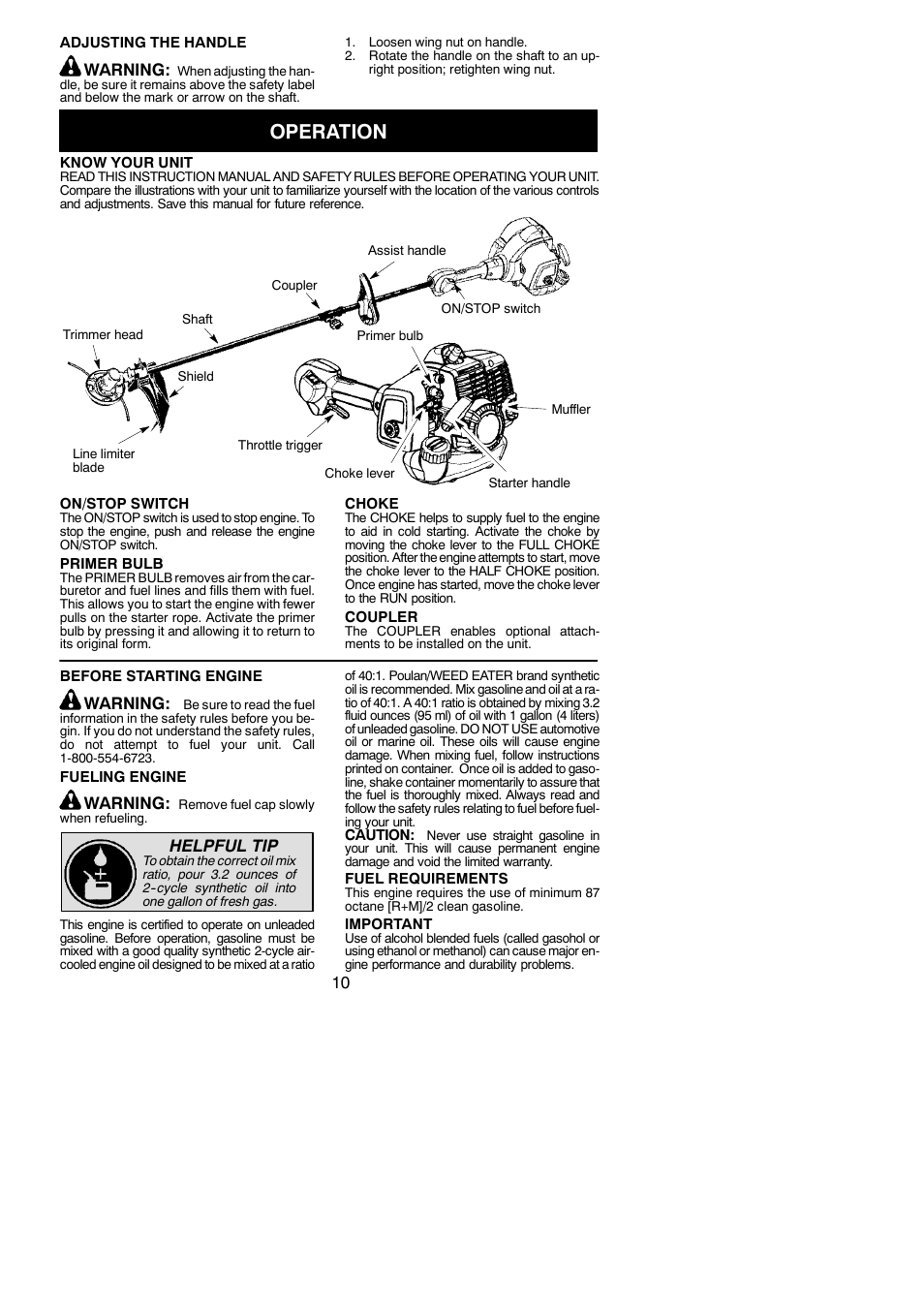 Operation, Warning, Helpful tip | Poulan PPB335 User Manual | Page 10 / 18