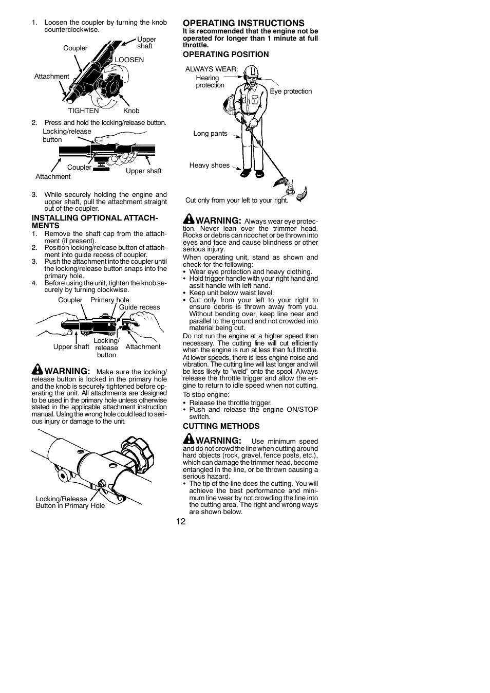 Warning, Operating instructions | Poulan PPB335 User Manual | Page 12 / 18