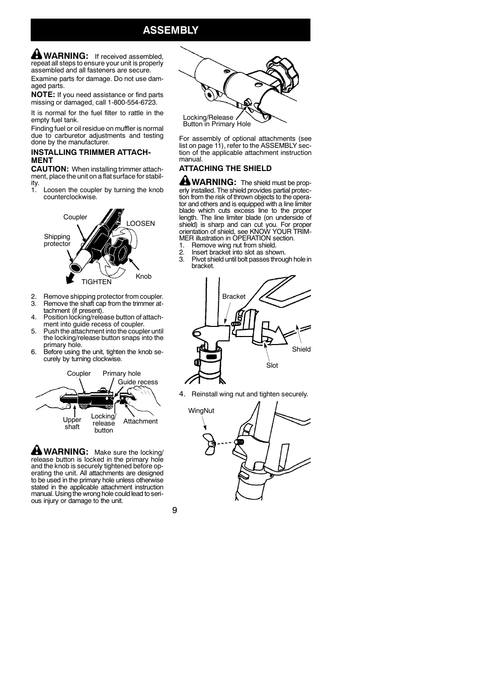 Assembly, Warning | Poulan PPB335 User Manual | Page 9 / 18
